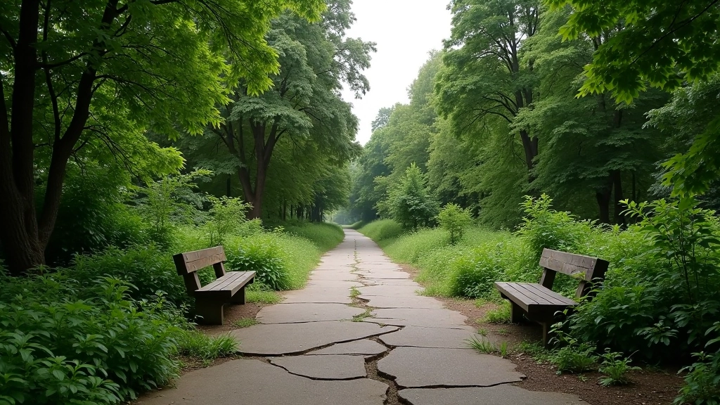 Zapušteni gradski park s pokvarenim klupcima, pucajućim stazama i raslom vegetacijom prije obnove